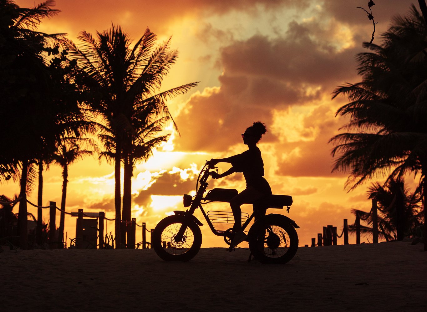 Town Cruiser e-bike, rider silhouette at sunset, Tulum