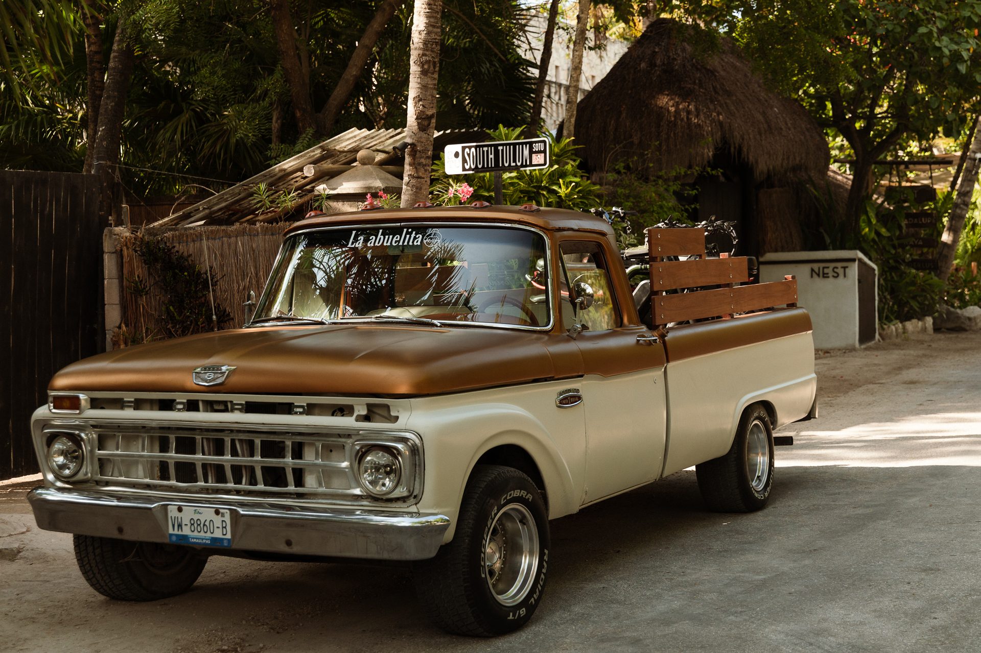La Abuelita 1966 Ford F100 on South Tulum street — Twist N Glide e-bike delivery
